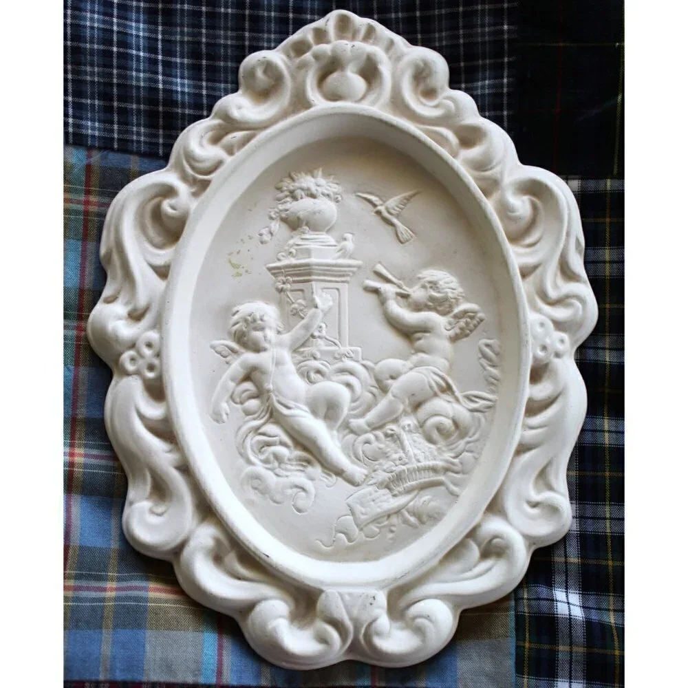 Vintage 1972 Cherubs Angels plaster wall decor Victorian birds relief medallion